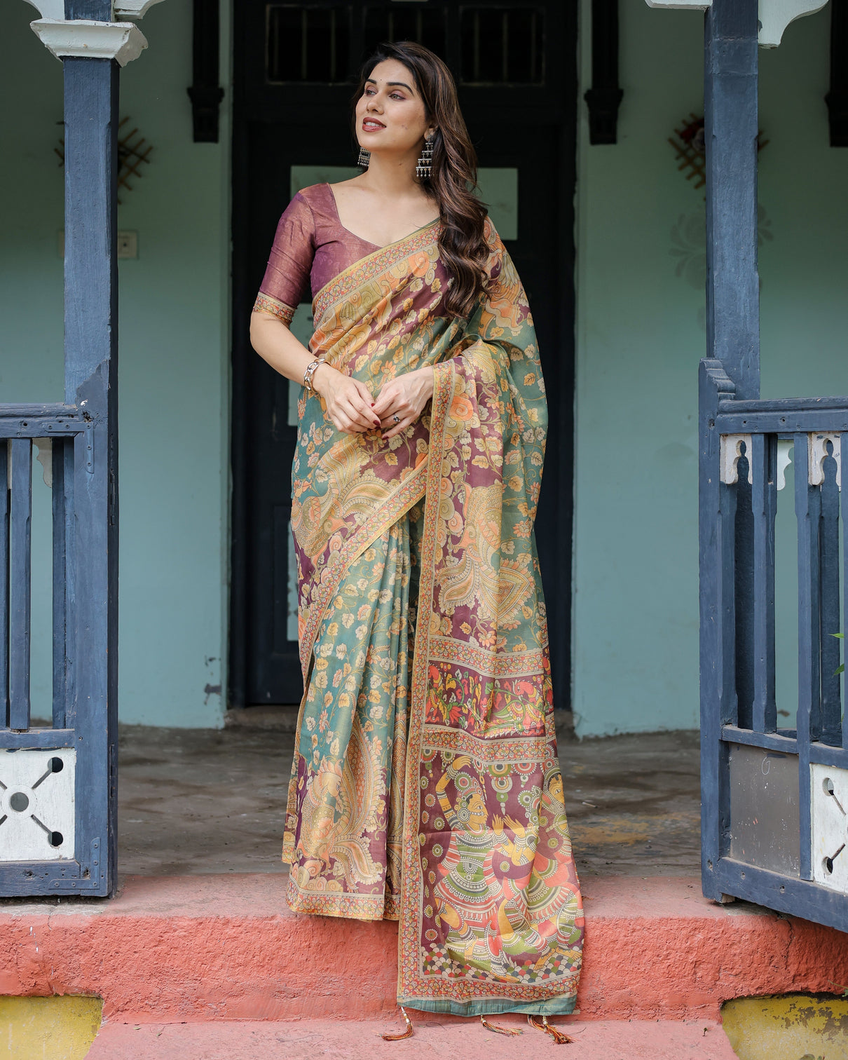 Sage green maroon handloom cotton saree with mythical tribal art and floral motifs