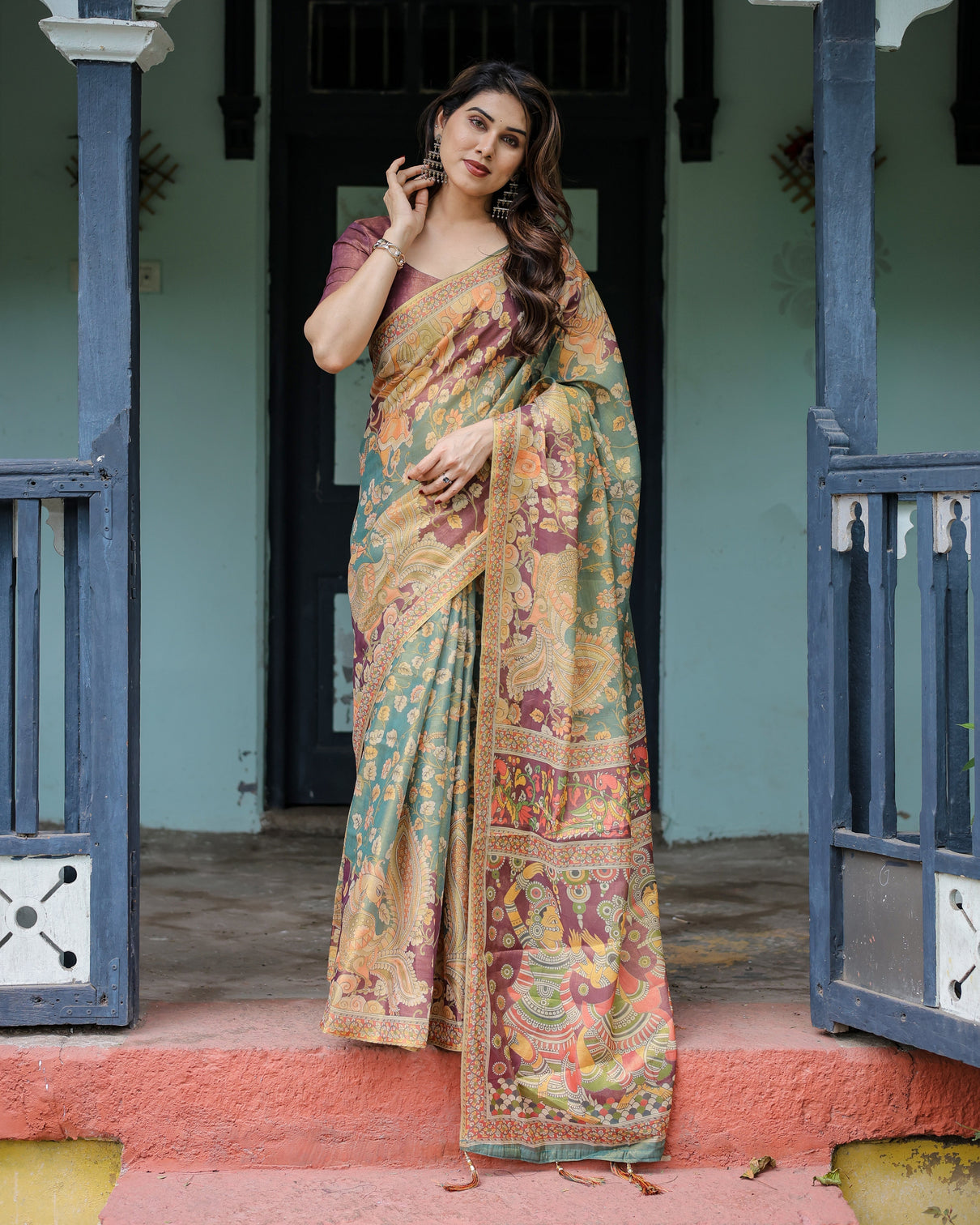 Sage green maroon handloom cotton saree with mythical tribal art and floral motifs