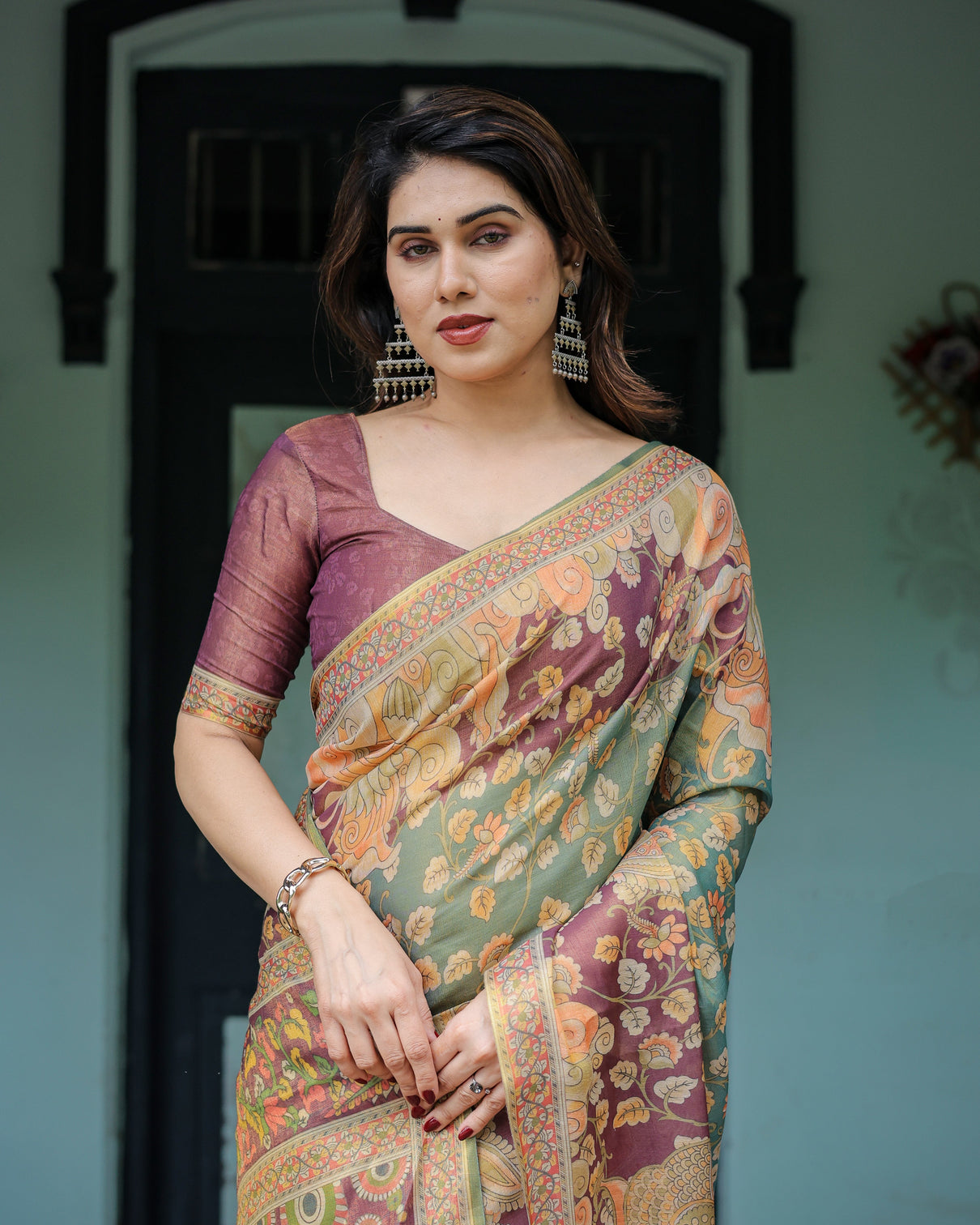 Sage green maroon handloom cotton saree with mythical tribal art and floral motifs
