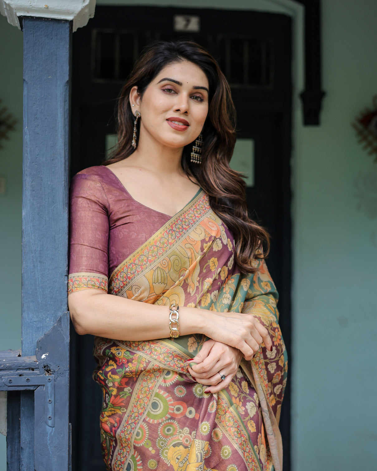 Sage green maroon handloom cotton saree with mythical tribal art and floral motifs