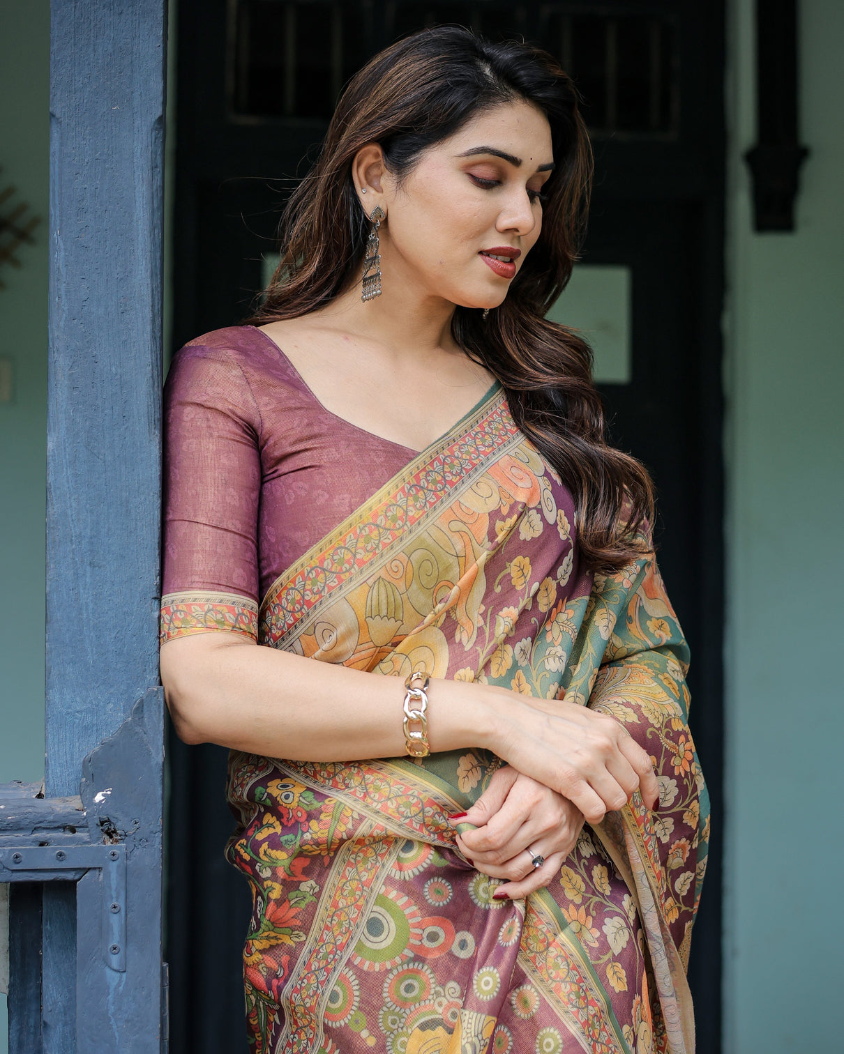 Sage green maroon handloom cotton saree with mythical tribal art and floral motifs