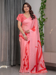 Blush pink satin georgette saree with bold red heart love typography pallu and attached coral red geometric blouse 5 5 meter romantic designer saree for valentine s day anniversary wear mameraa