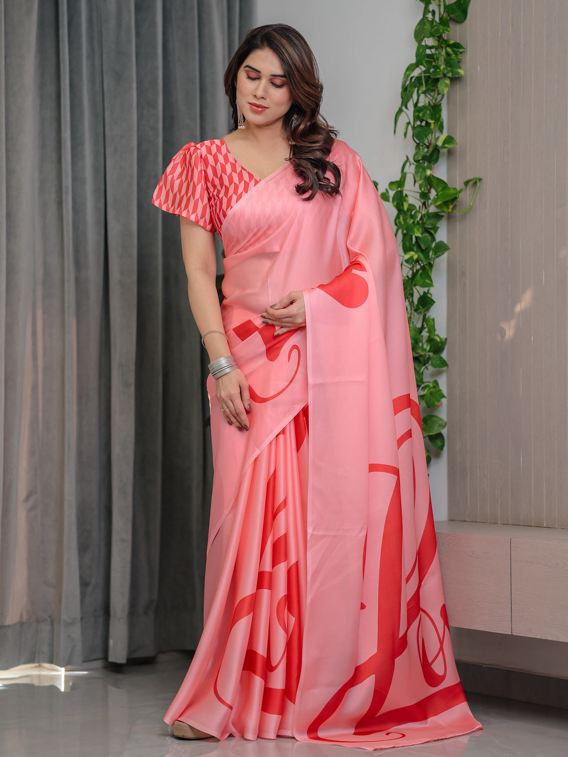 Blush pink satin georgette saree with bold red heart love typography pallu and attached coral red geometric blouse 5 5 meter romantic designer saree for valentine s day anniversary wear