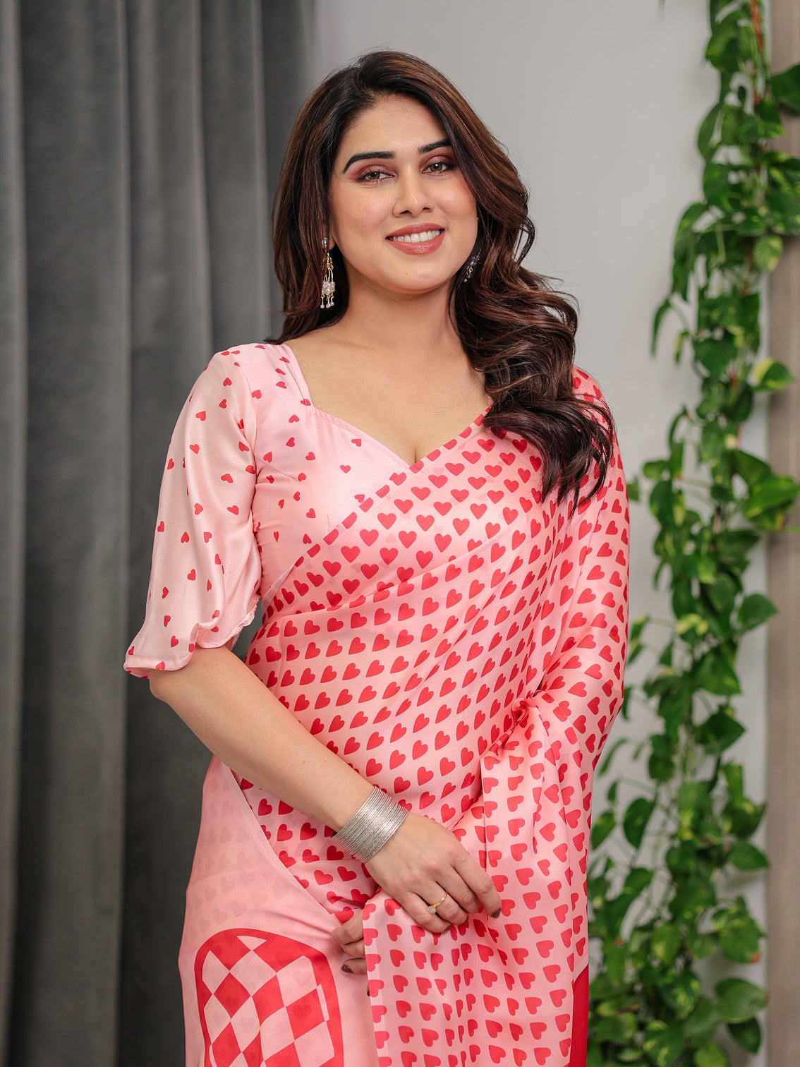 Soft blush pink satin georgette heart printed saree with gradient love motif pallu matching blouse