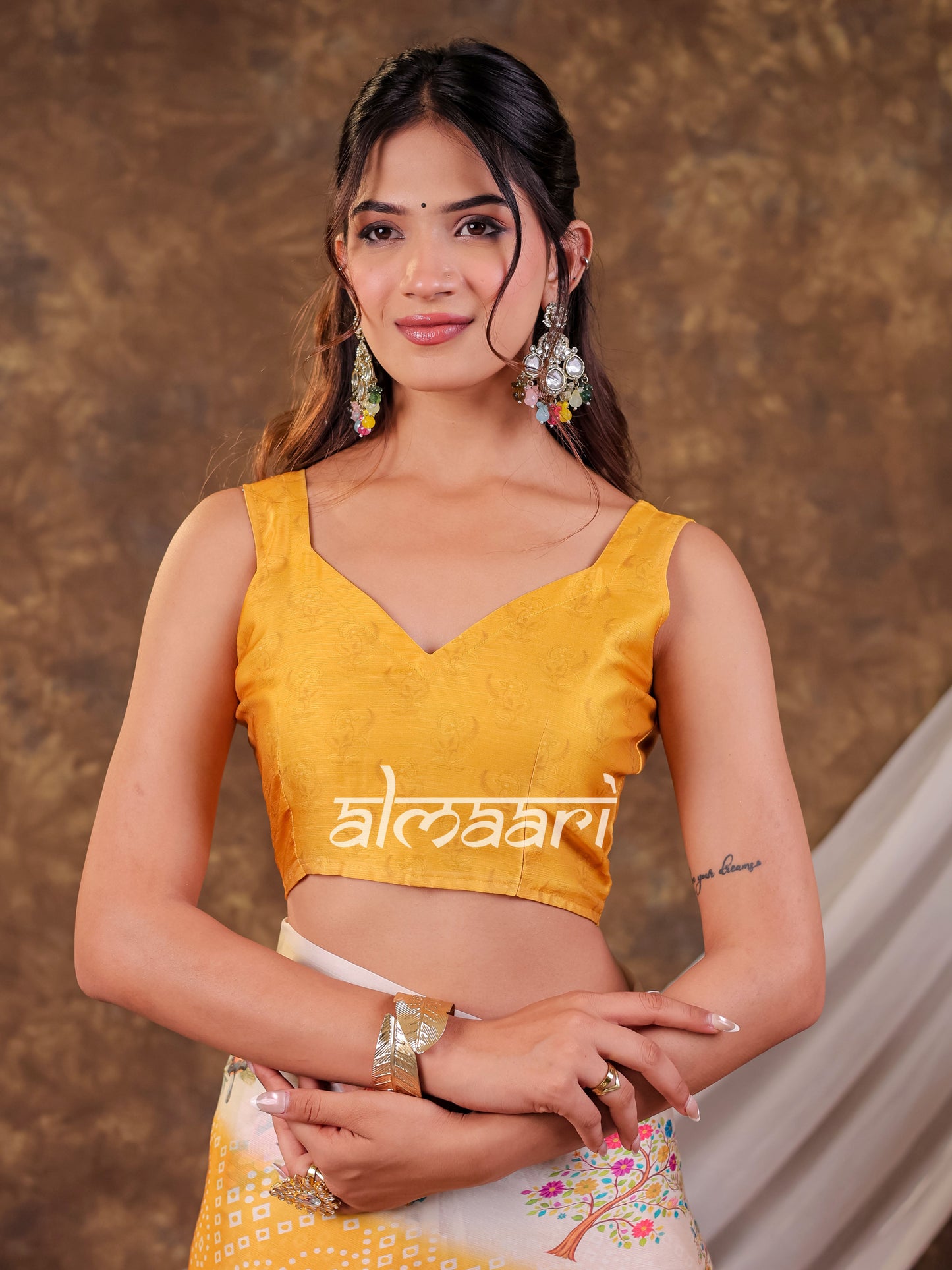 Vantara Mustard Yellow Satin Chiffon Printed Saree with Floral Heritage Print, Designer Tassel Pallu & Matching Blouse Piece