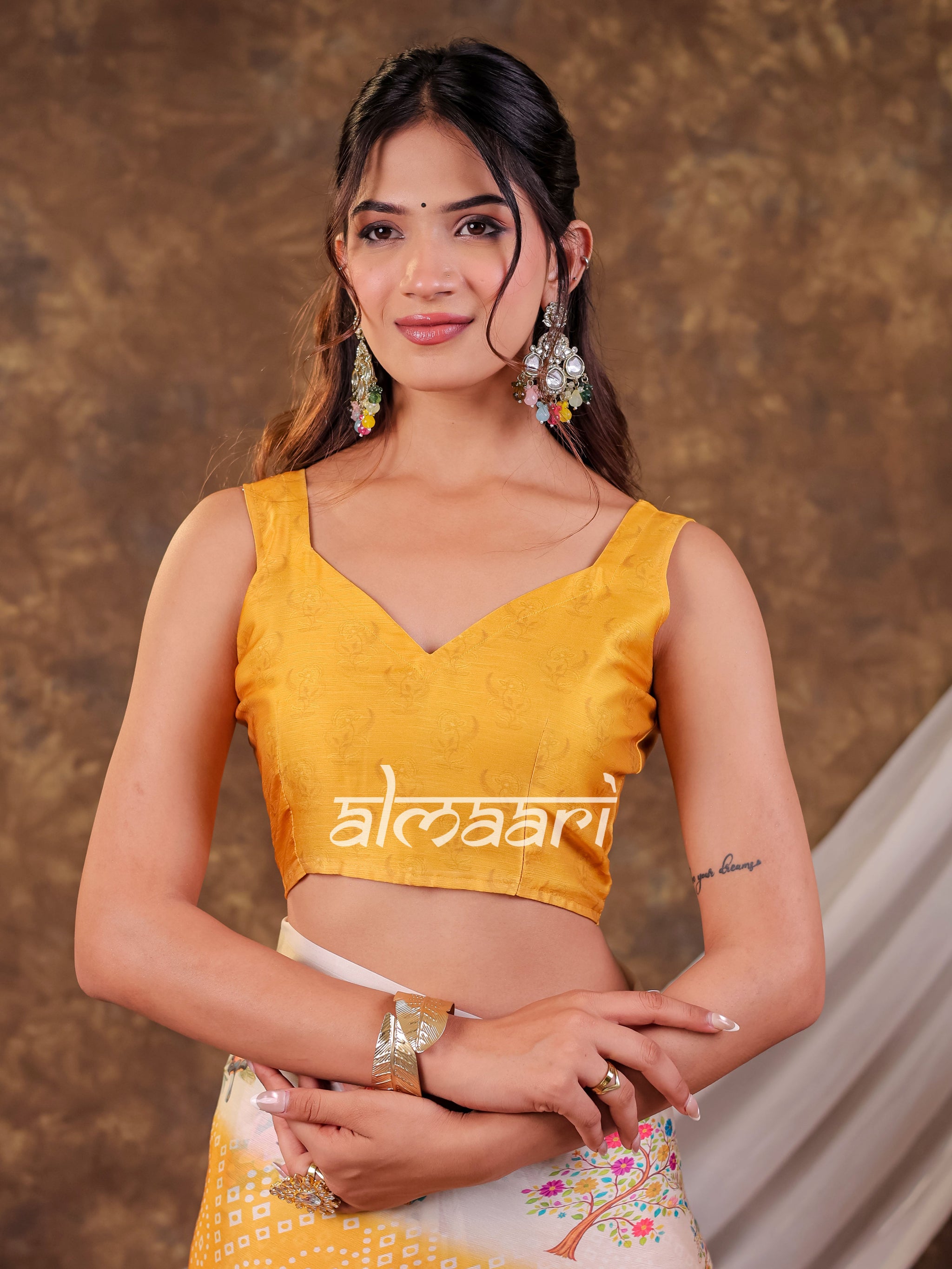 Vantara Mustard Yellow Satin Chiffon Printed Saree with Floral Heritage Print, Designer Tassel Pallu & Matching Blouse Piece