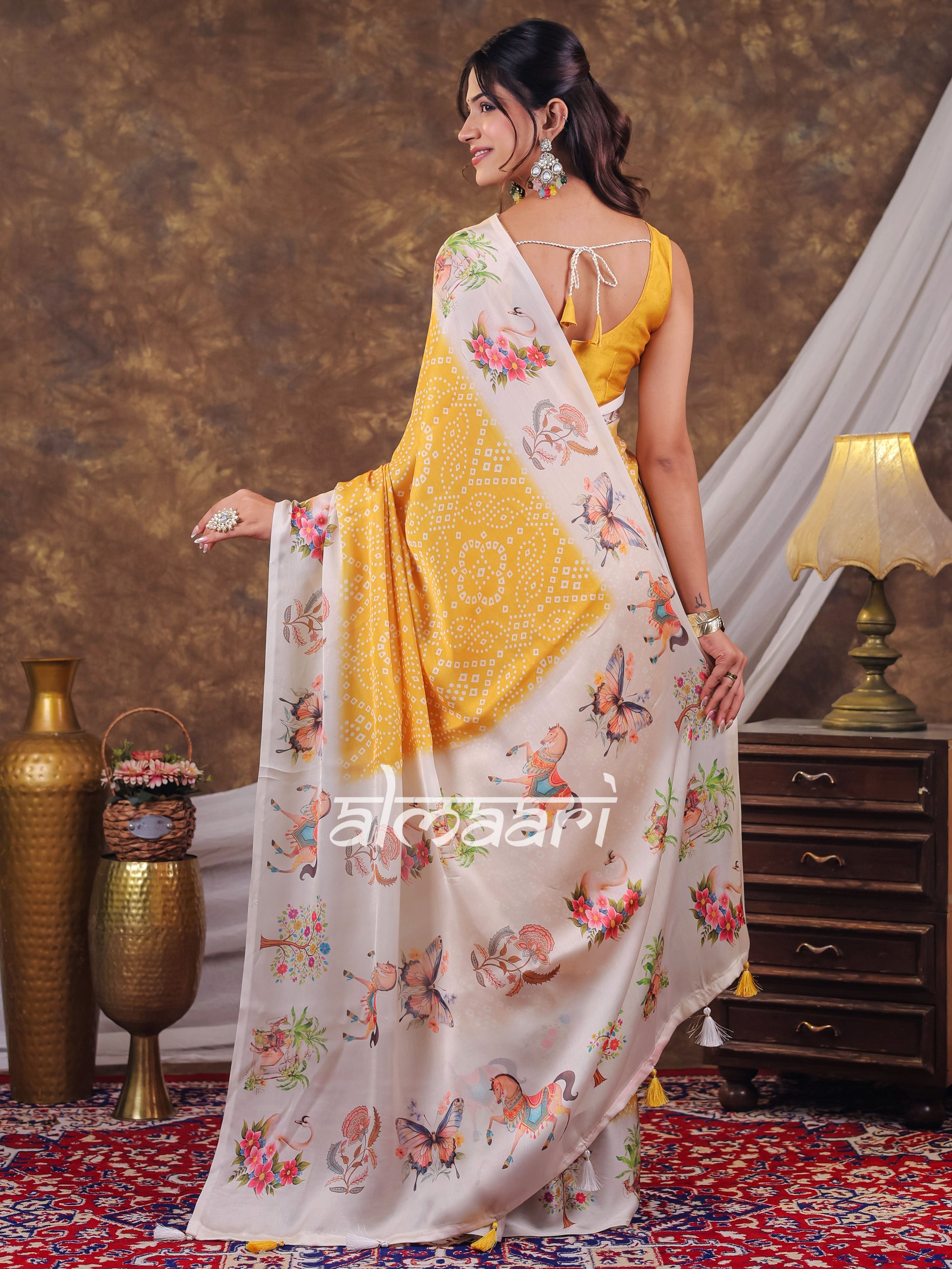 Vantara Mustard Yellow Satin Chiffon Printed Saree with Floral Heritage Print, Designer Tassel Pallu & Matching Blouse Piece