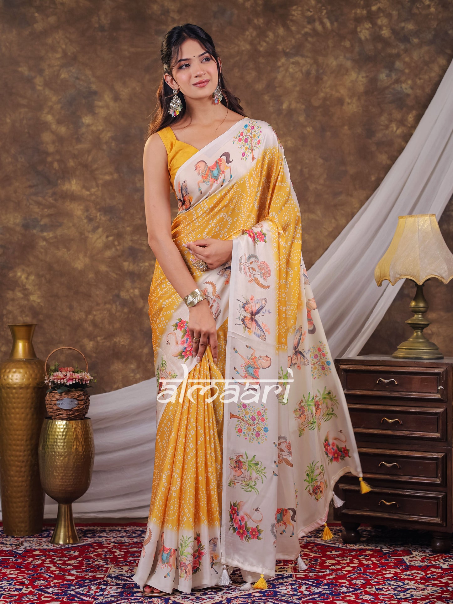 Vantara Mustard Yellow Satin Chiffon Printed Saree with Floral Heritage Print, Designer Tassel Pallu & Matching Blouse Piece