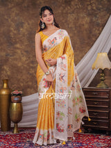 Vantara Mustard Yellow Satin Chiffon Printed Saree with Floral Heritage Print, Designer Tassel Pallu & Matching Blouse Piece