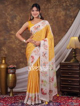 Vantara Mustard Yellow Satin Chiffon Printed Saree with Floral Heritage Print, Designer Tassel Pallu & Matching Blouse Piece