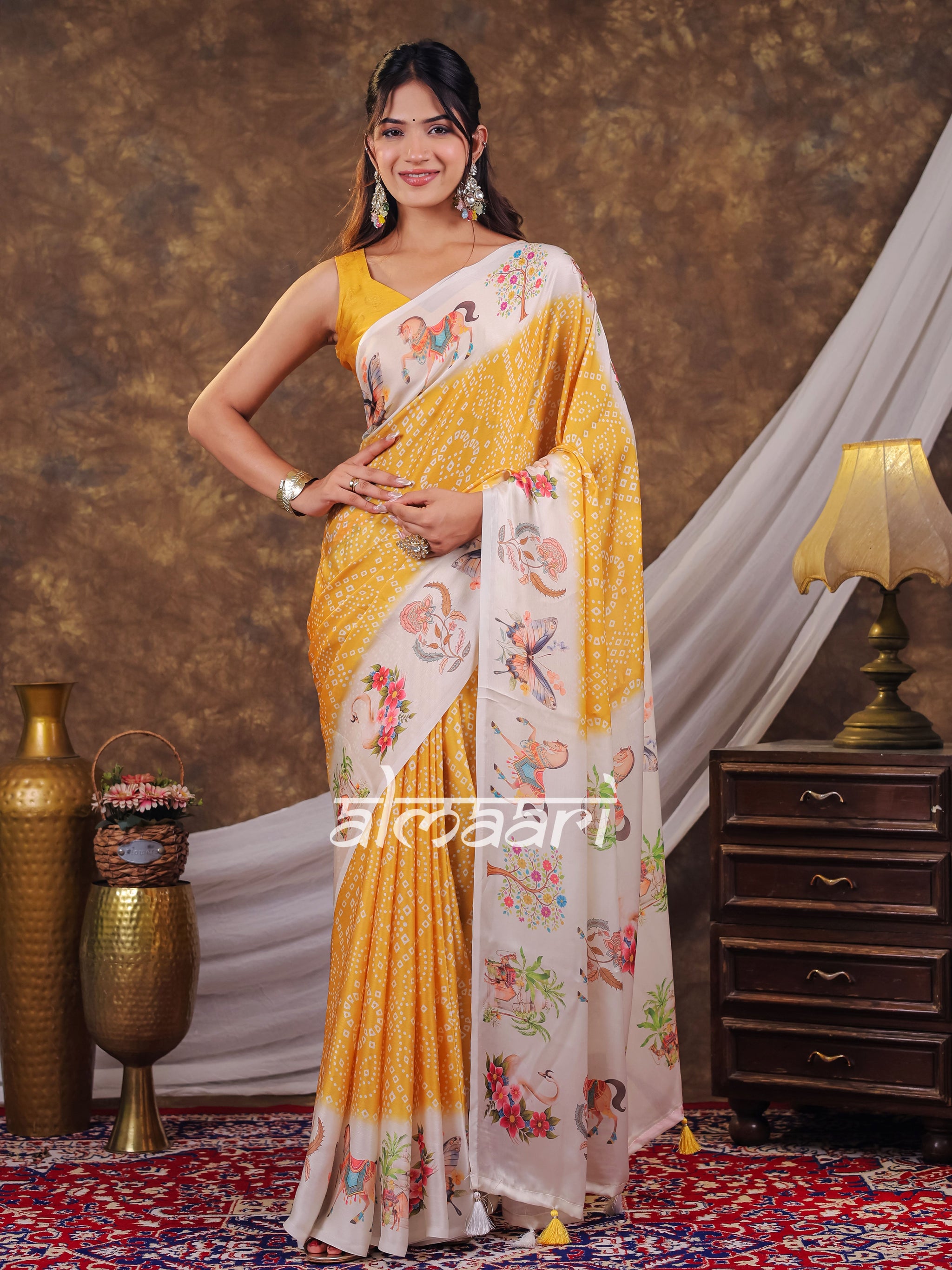 Vantara Mustard Yellow Satin Chiffon Printed Saree with Floral Heritage Print, Designer Tassel Pallu & Matching Blouse Piece