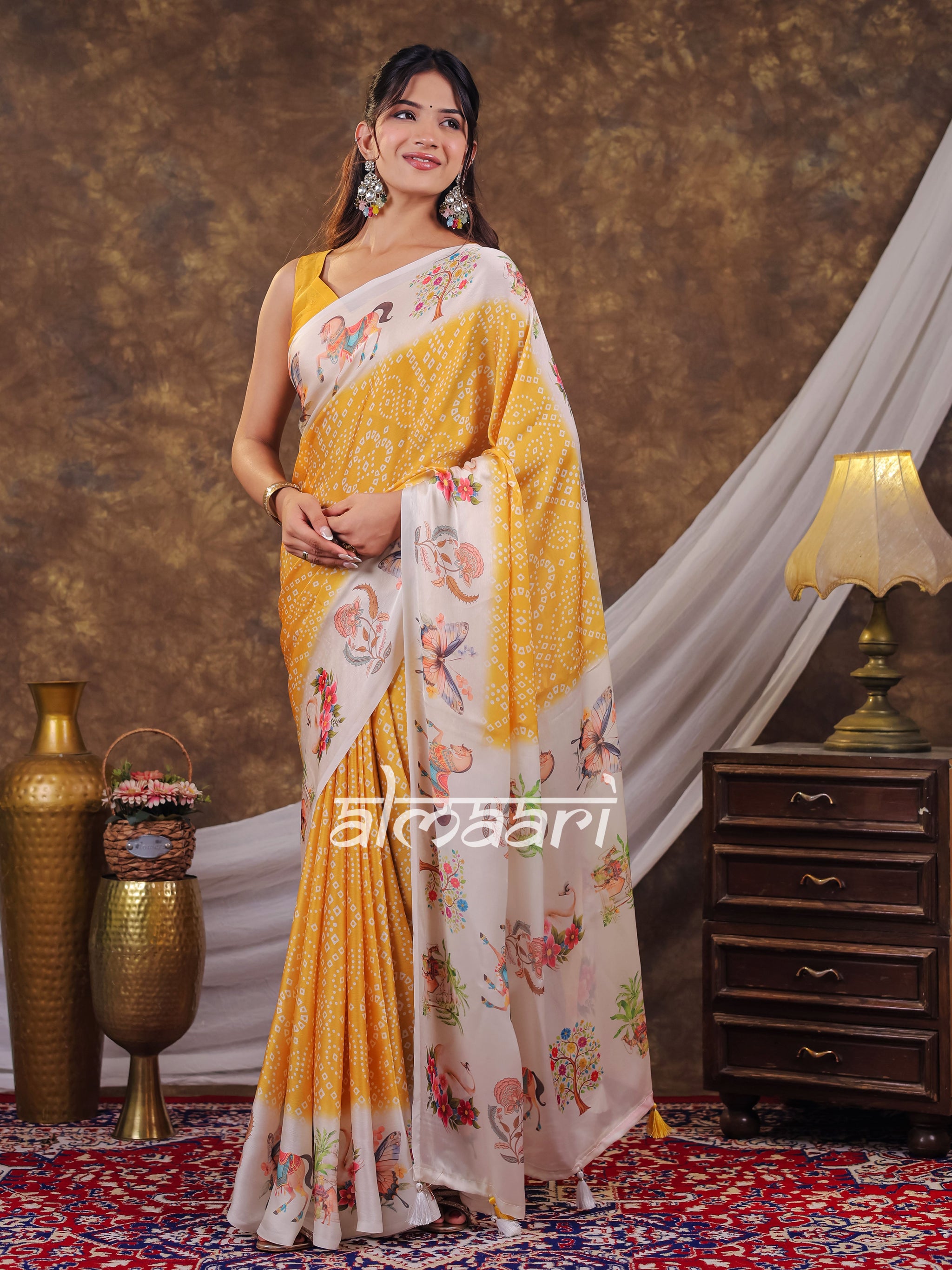 Vantara Mustard Yellow Satin Chiffon Printed Saree with Floral Heritage Print, Designer Tassel Pallu & Matching Blouse Piece