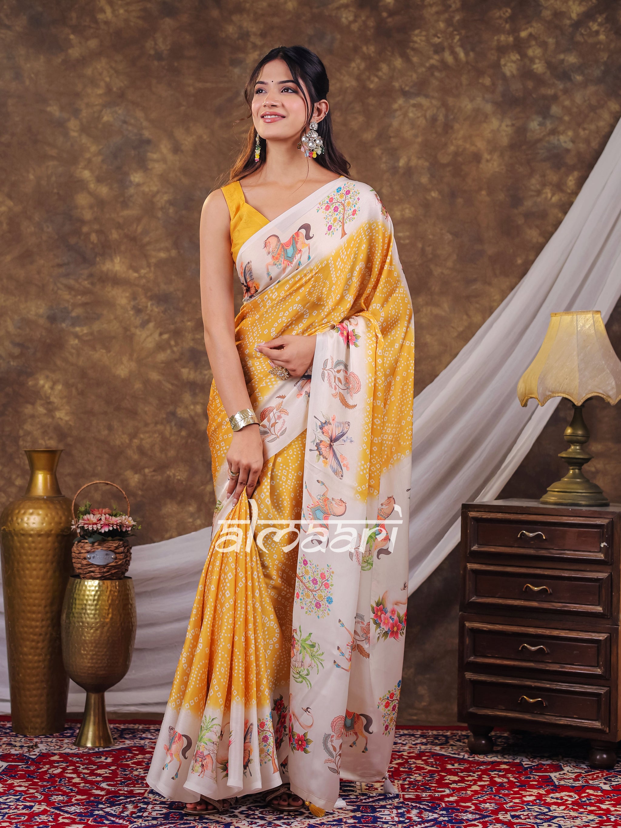 Vantara Mustard Yellow Satin Chiffon Printed Saree with Floral Heritage Print, Designer Tassel Pallu & Matching Blouse Piece