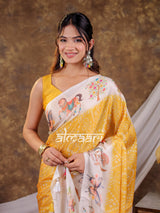 Vantara Mustard Yellow Satin Chiffon Printed Saree with Floral Heritage Print, Designer Tassel Pallu & Matching Blouse Piece