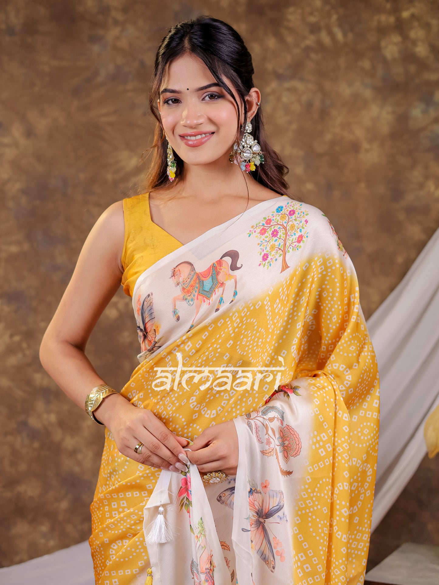 Vantara Mustard Yellow Satin Chiffon Printed Saree with Floral Heritage Print, Designer Tassel Pallu & Matching Blouse Piece
