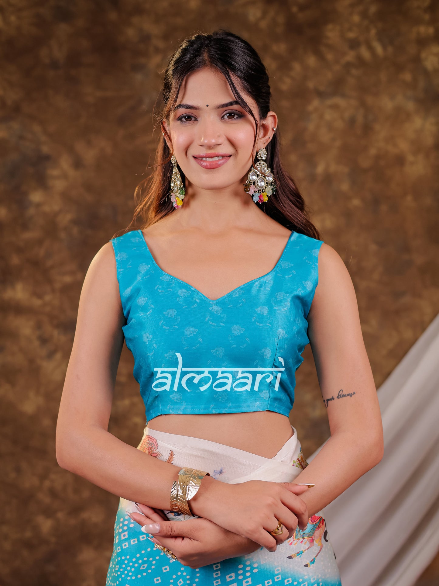 Vantara Aqua Blue Satin Chiffon Printed Saree with Heritage Floral Print, Designer Tassel Pallu & Matching Blouse Piece