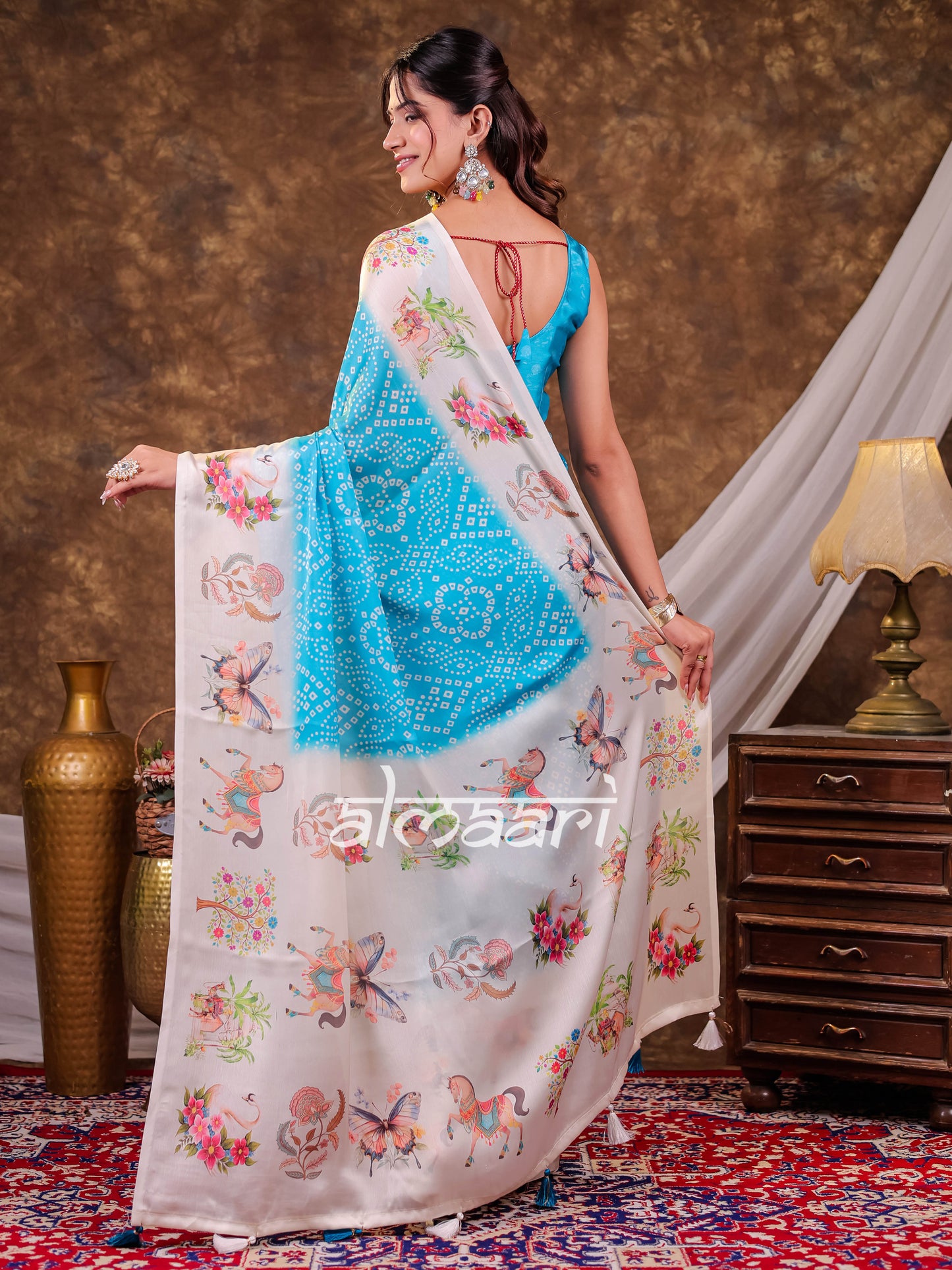 Vantara Aqua Blue Satin Chiffon Printed Saree with Heritage Floral Print, Designer Tassel Pallu & Matching Blouse Piece