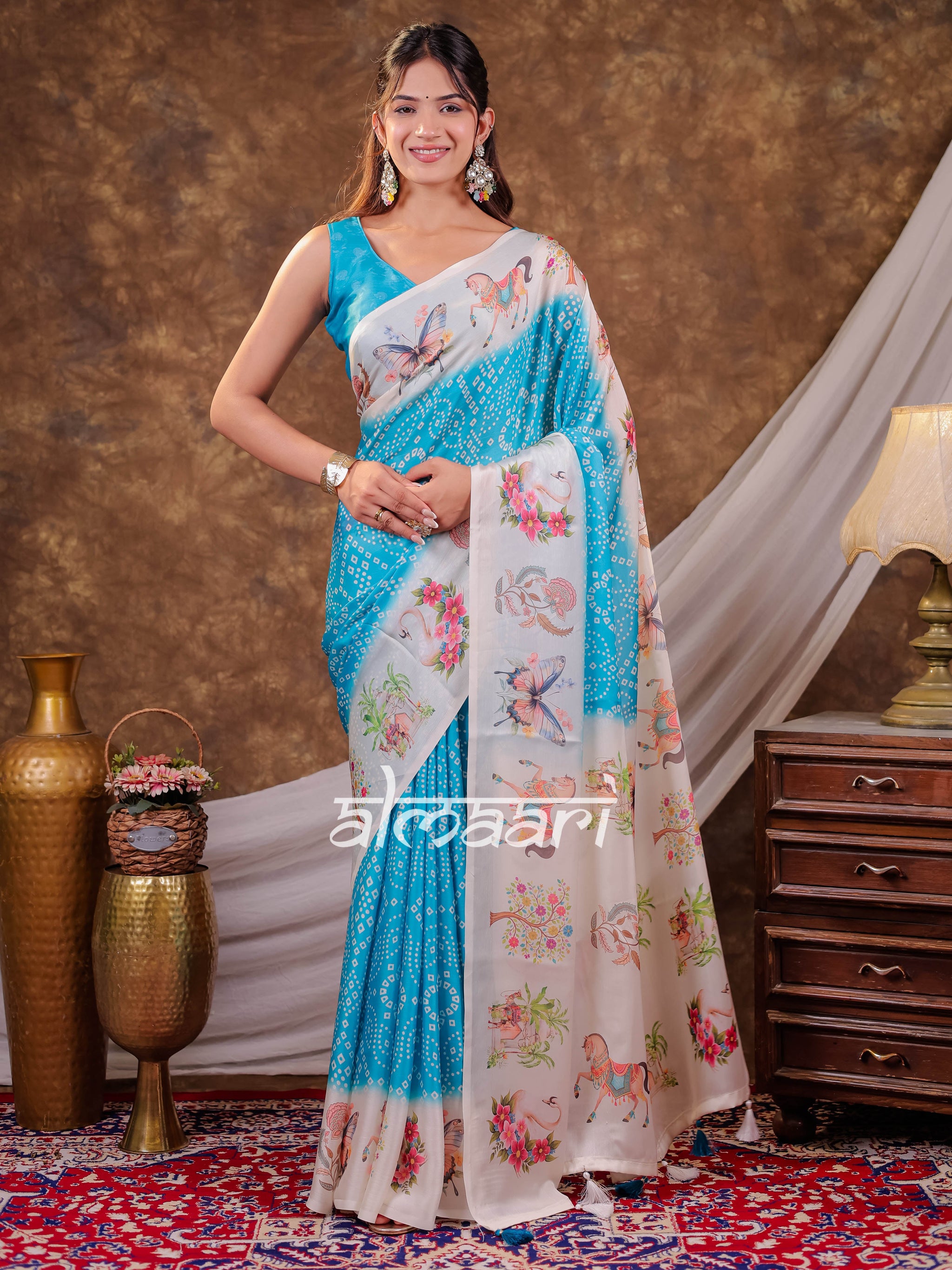 Vantara Aqua Blue Satin Chiffon Printed Saree with Heritage Floral Print, Designer Tassel Pallu & Matching Blouse Piece
