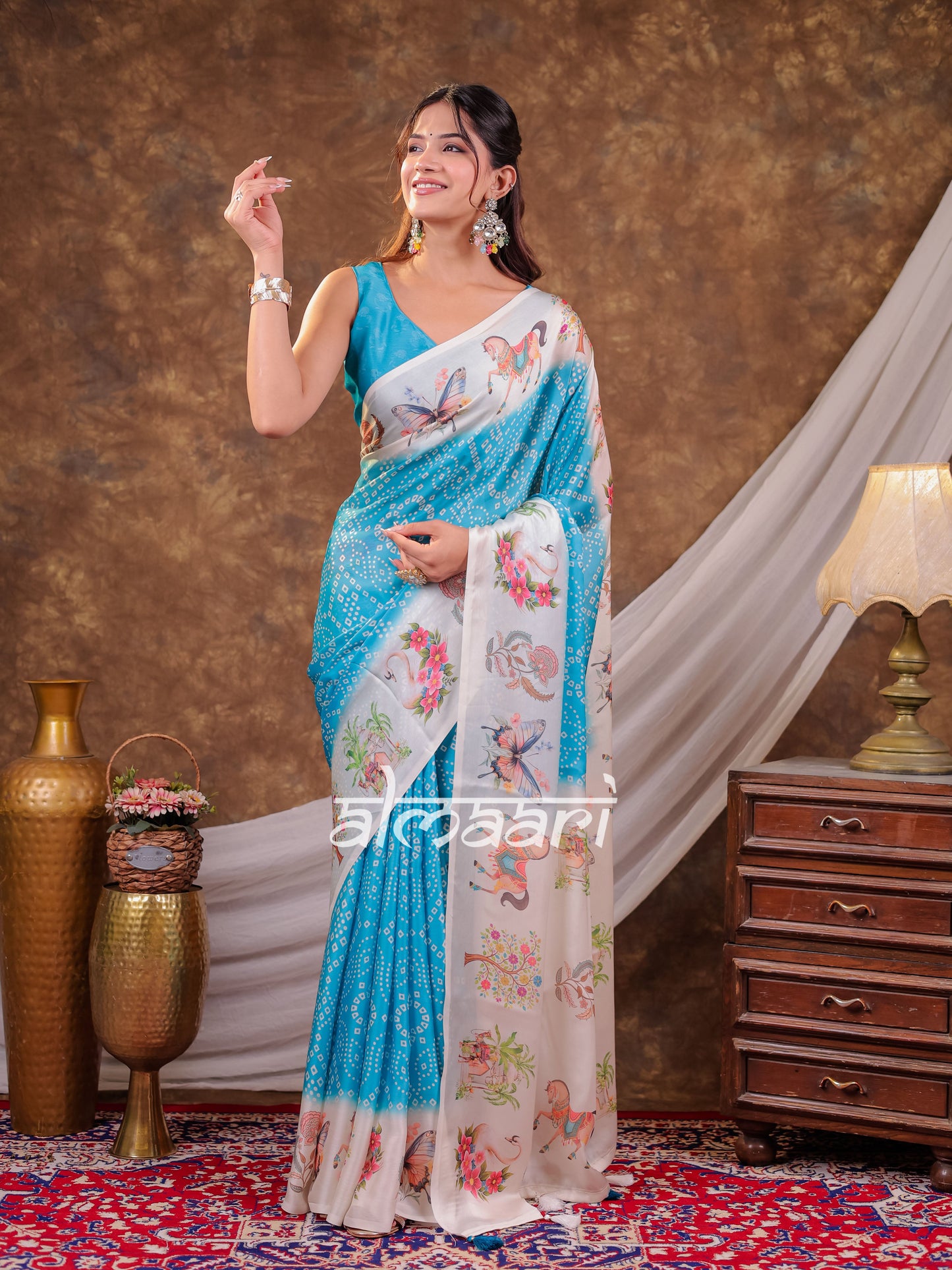 Vantara Aqua Blue Satin Chiffon Printed Saree with Heritage Floral Print, Designer Tassel Pallu & Matching Blouse Piece