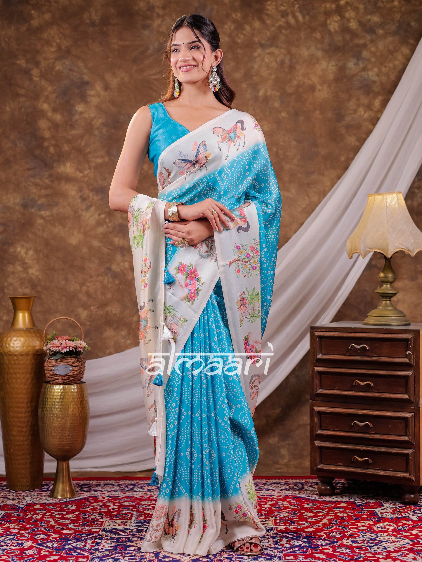 Vantara Aqua Blue Satin Chiffon Printed Saree with Heritage Floral Print, Designer Tassel Pallu & Matching Blouse Piece