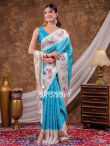 Vantara Aqua Blue Satin Chiffon Printed Saree with Heritage Floral Print, Designer Tassel Pallu & Matching Blouse Piece