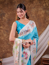 Vantara Aqua Blue Satin Chiffon Printed Saree with Heritage Floral Print, Designer Tassel Pallu & Matching Blouse Piece