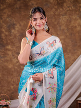 Vantara Aqua Blue Satin Chiffon Printed Saree with Heritage Floral Print, Designer Tassel Pallu & Matching Blouse Piece