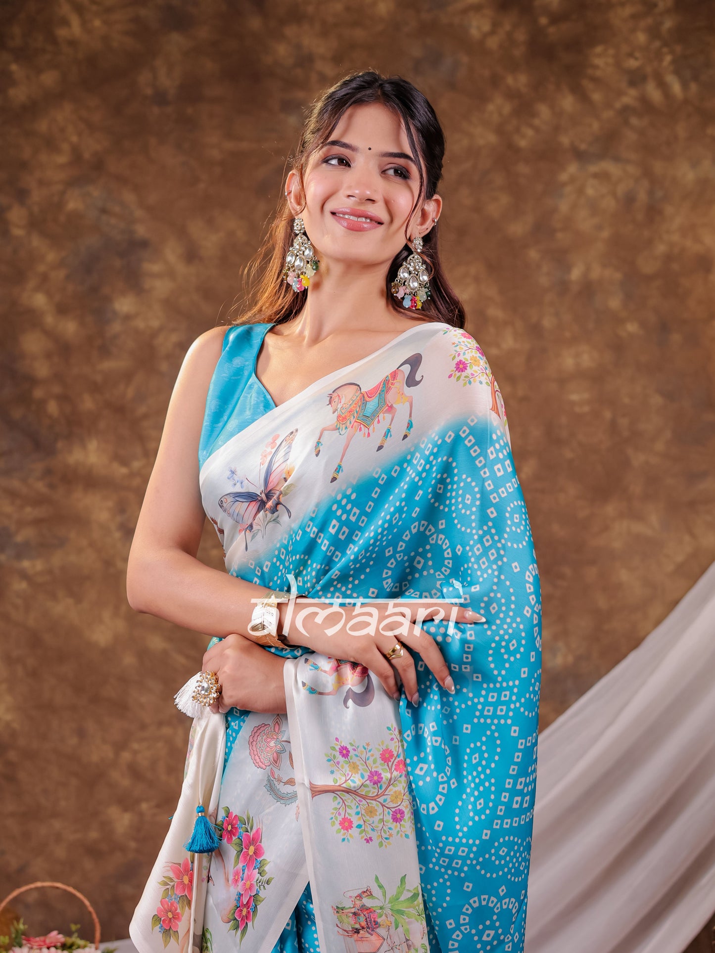 Vantara Aqua Blue Satin Chiffon Printed Saree with Heritage Floral Print, Designer Tassel Pallu & Matching Blouse Piece