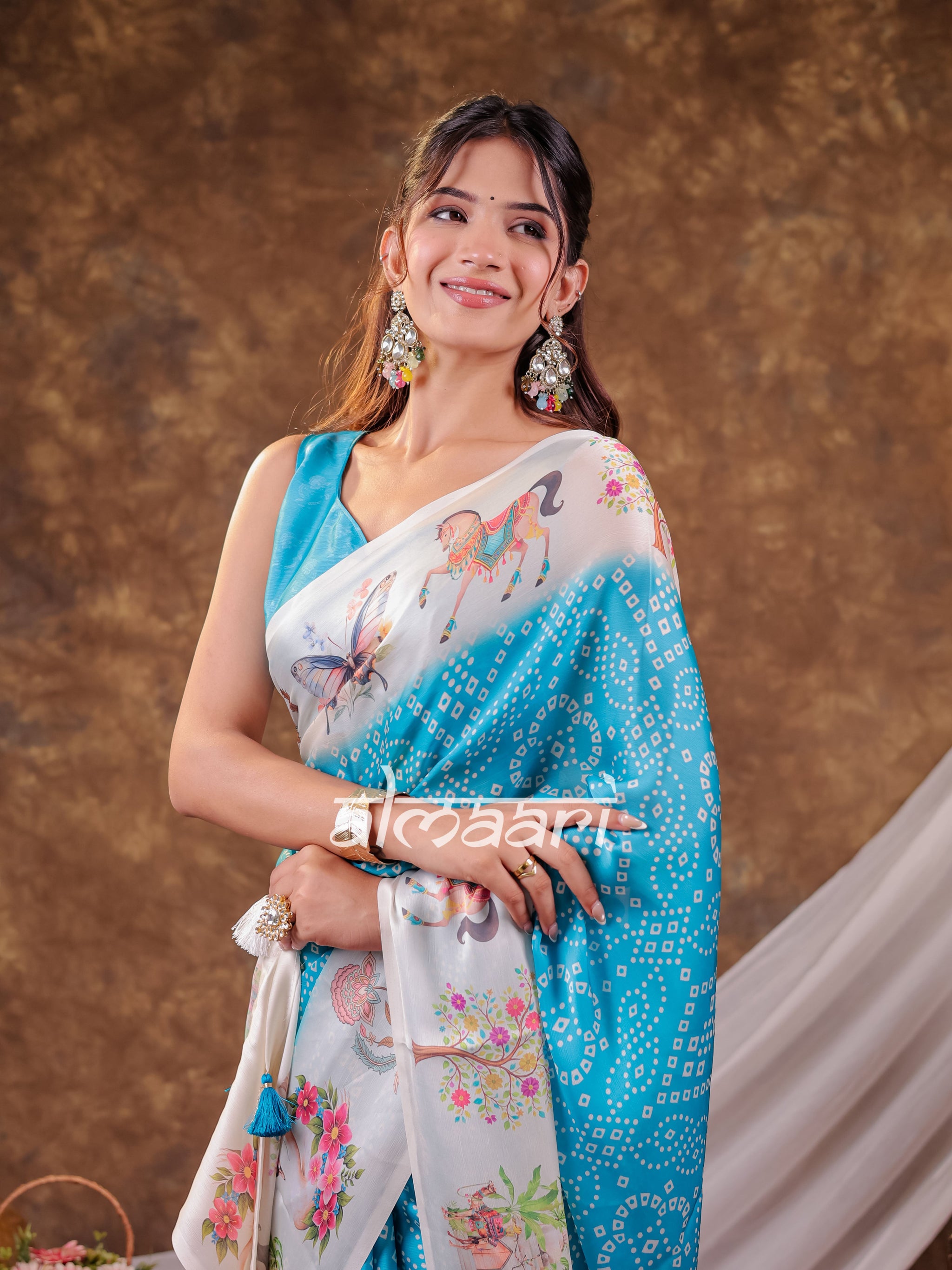 Vantara Aqua Blue Satin Chiffon Printed Saree with Heritage Floral Print, Designer Tassel Pallu & Matching Blouse Piece