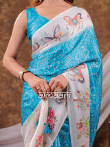 Vantara Aqua Blue Satin Chiffon Printed Saree with Heritage Floral Print, Designer Tassel Pallu & Matching Blouse Piece