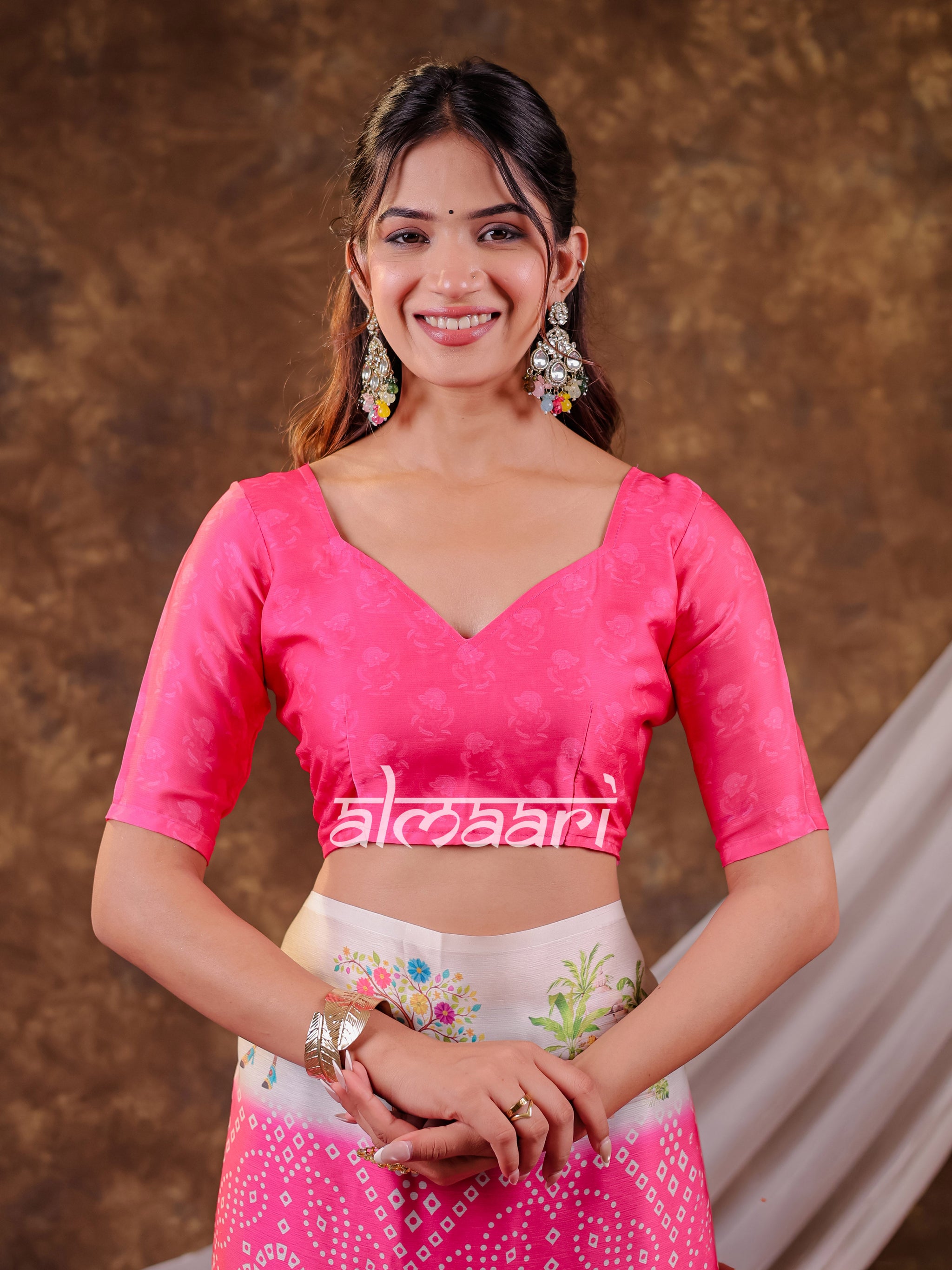 Vantara Hot Pink Satin Chiffon Printed Saree with Heritage Floral Print, Designer Tassel Pallu & Matching Blouse Piece