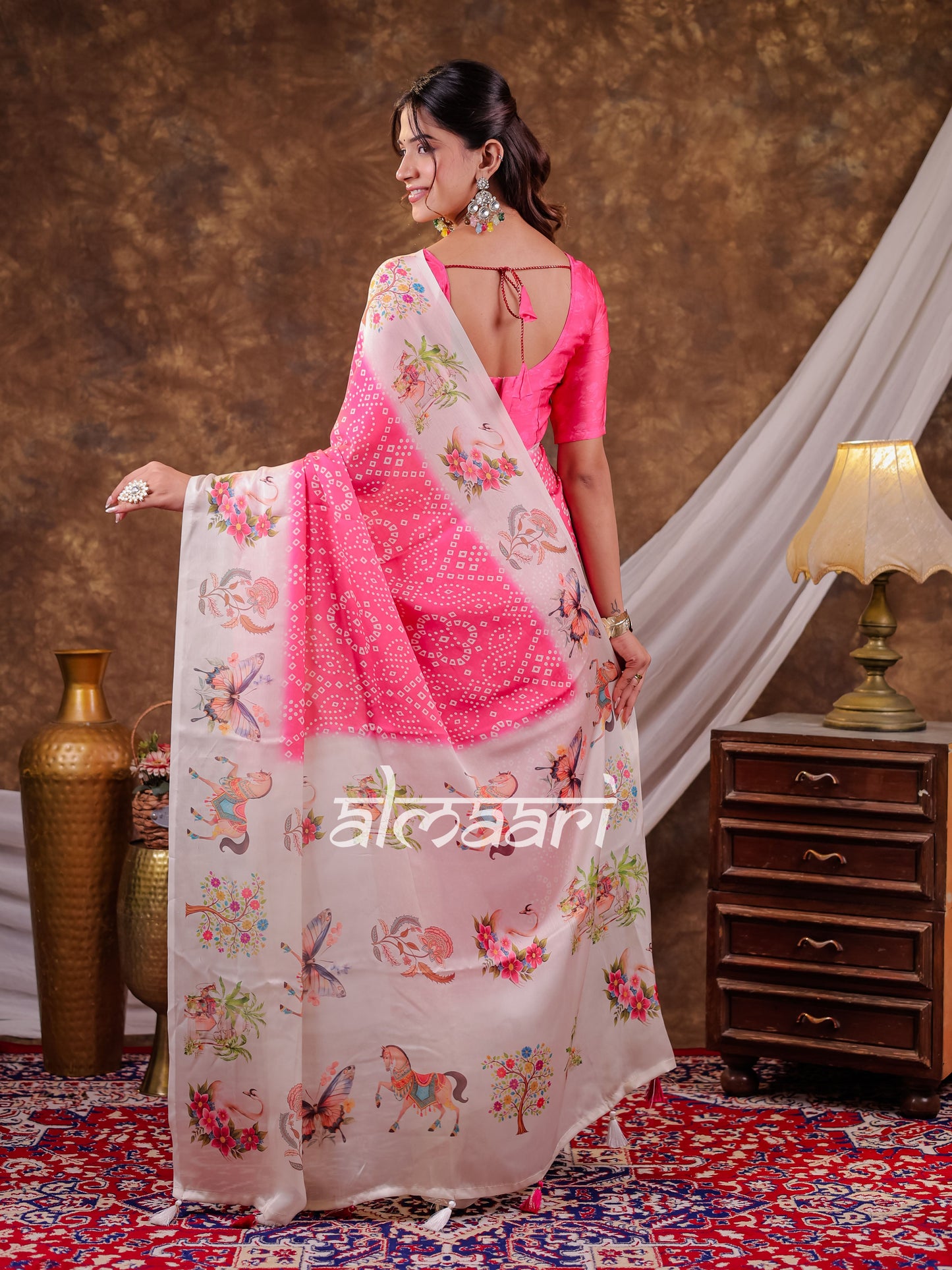 Vantara Hot Pink Satin Chiffon Printed Saree with Heritage Floral Print, Designer Tassel Pallu & Matching Blouse Piece
