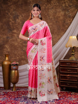 Vantara Hot Pink Satin Chiffon Printed Saree with Heritage Floral Print, Designer Tassel Pallu & Matching Blouse Piece