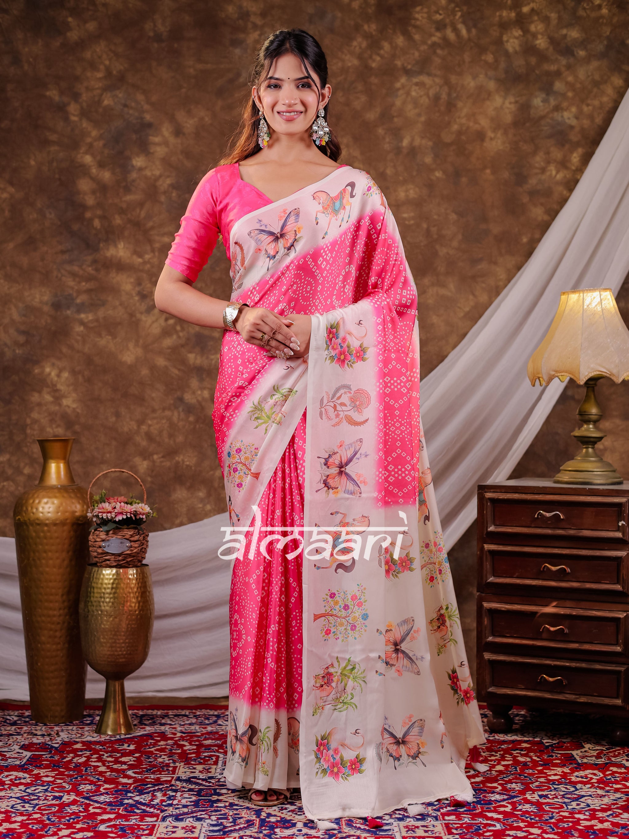 Vantara Hot Pink Satin Chiffon Printed Saree with Heritage Floral Print, Designer Tassel Pallu & Matching Blouse Piece