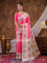 Vantara Hot Pink Satin Chiffon Printed Saree with Heritage Floral Print, Designer Tassel Pallu & Matching Blouse Piece