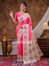 Vantara Hot Pink Satin Chiffon Printed Saree with Heritage Floral Print, Designer Tassel Pallu & Matching Blouse Piece