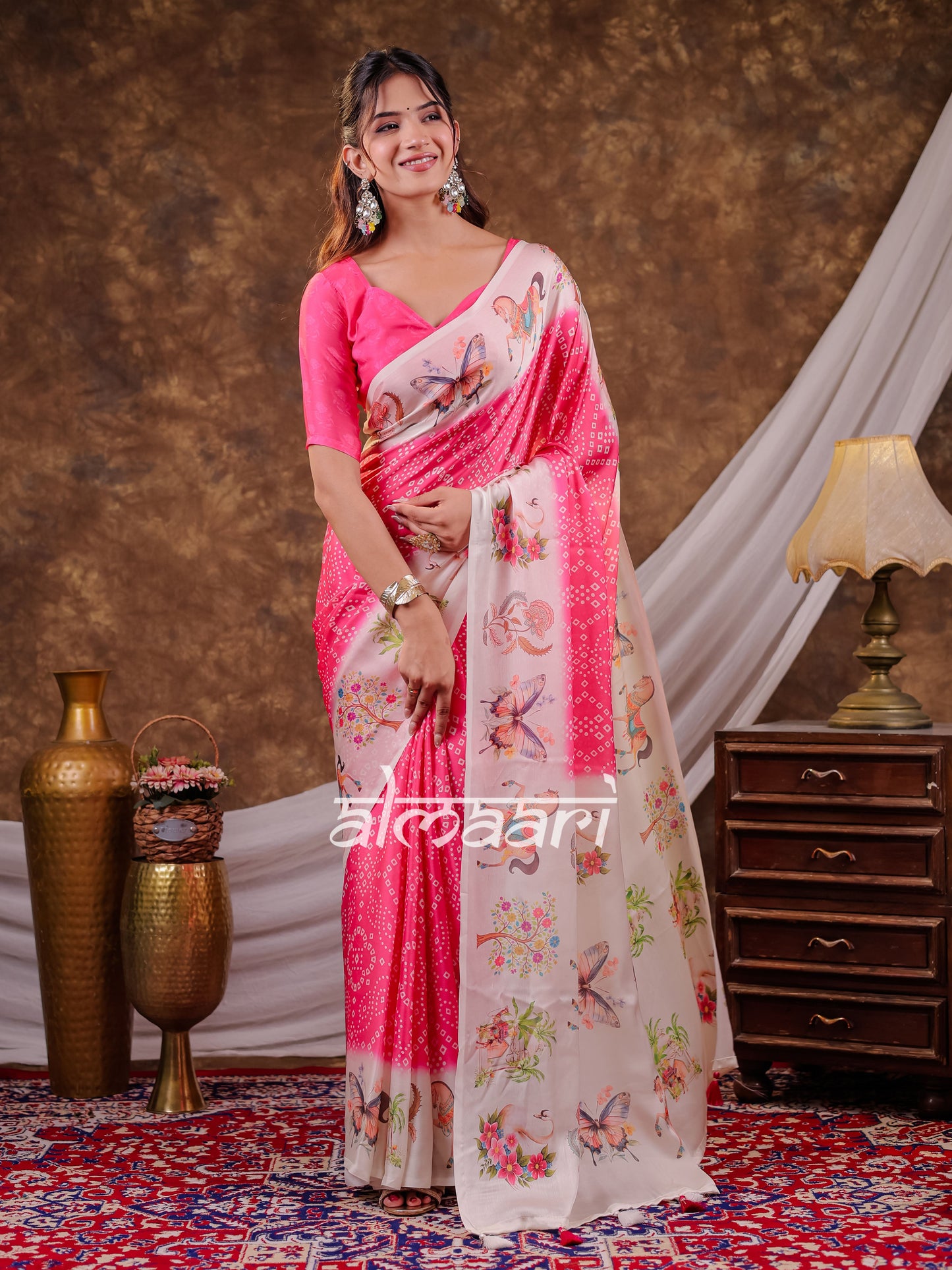 Vantara Hot Pink Satin Chiffon Printed Saree with Heritage Floral Print, Designer Tassel Pallu & Matching Blouse Piece