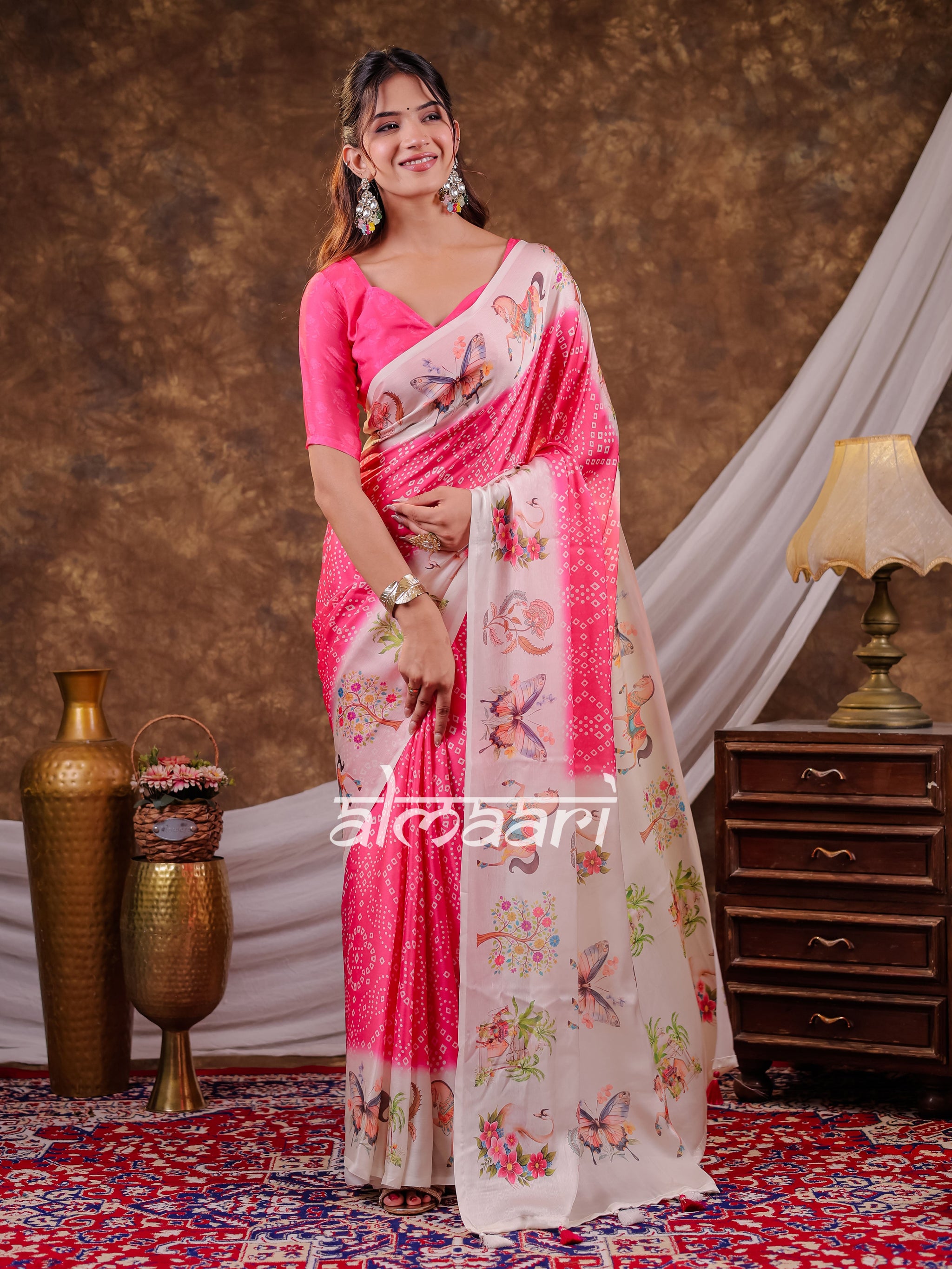 Vantara Hot Pink Satin Chiffon Printed Saree with Heritage Floral Print, Designer Tassel Pallu & Matching Blouse Piece