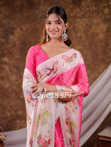 Vantara Hot Pink Satin Chiffon Printed Saree with Heritage Floral Print, Designer Tassel Pallu & Matching Blouse Piece