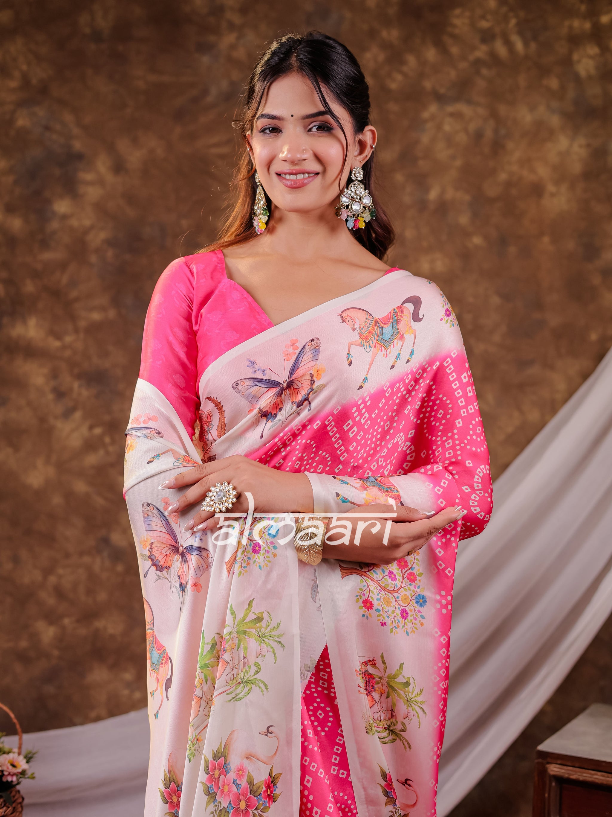 Vantara Hot Pink Satin Chiffon Printed Saree with Heritage Floral Print, Designer Tassel Pallu & Matching Blouse Piece