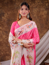 Vantara Hot Pink Satin Chiffon Printed Saree with Heritage Floral Print, Designer Tassel Pallu & Matching Blouse Piece