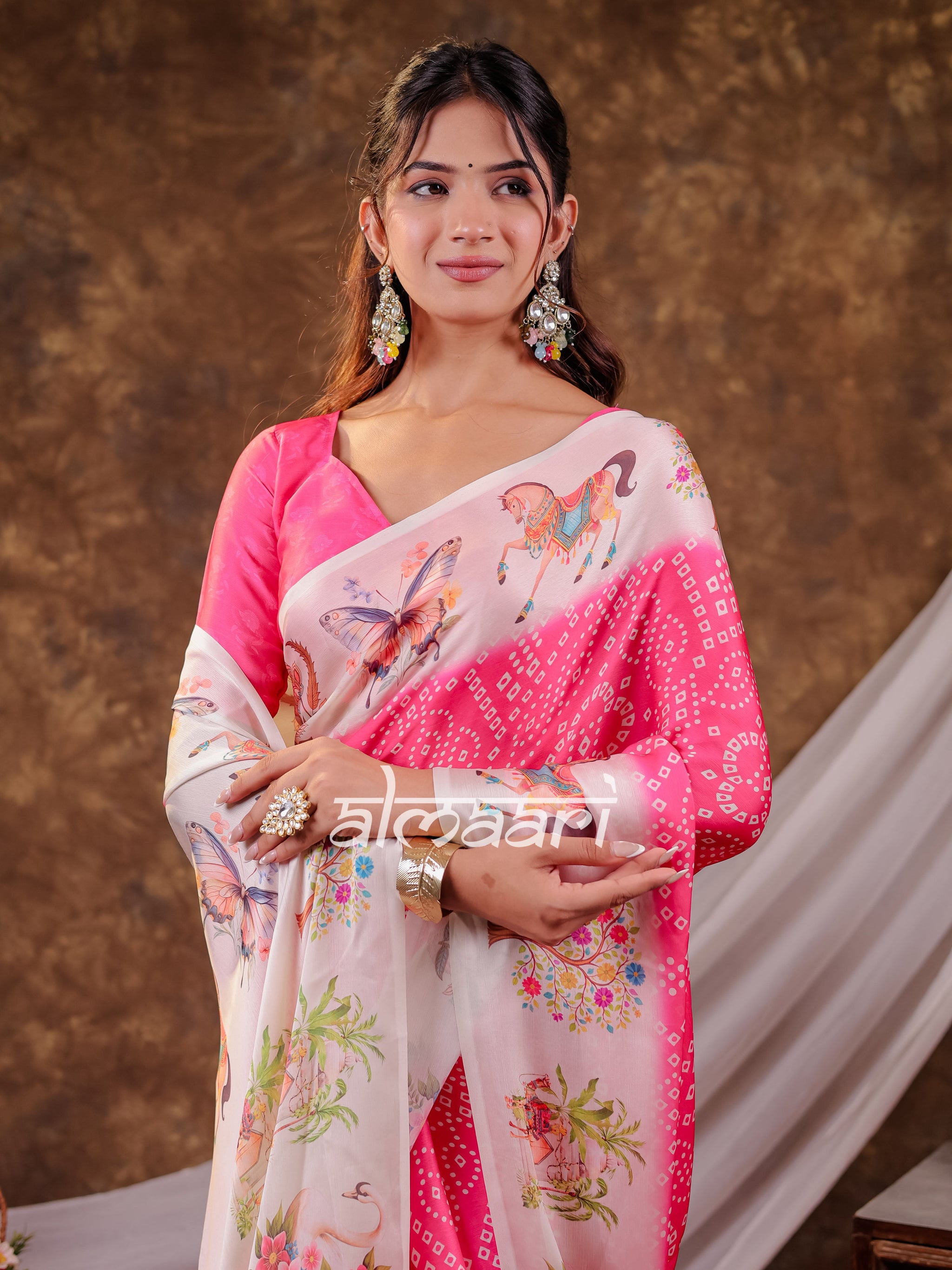 Vantara Hot Pink Satin Chiffon Printed Saree with Heritage Floral Print, Designer Tassel Pallu & Matching Blouse Piece