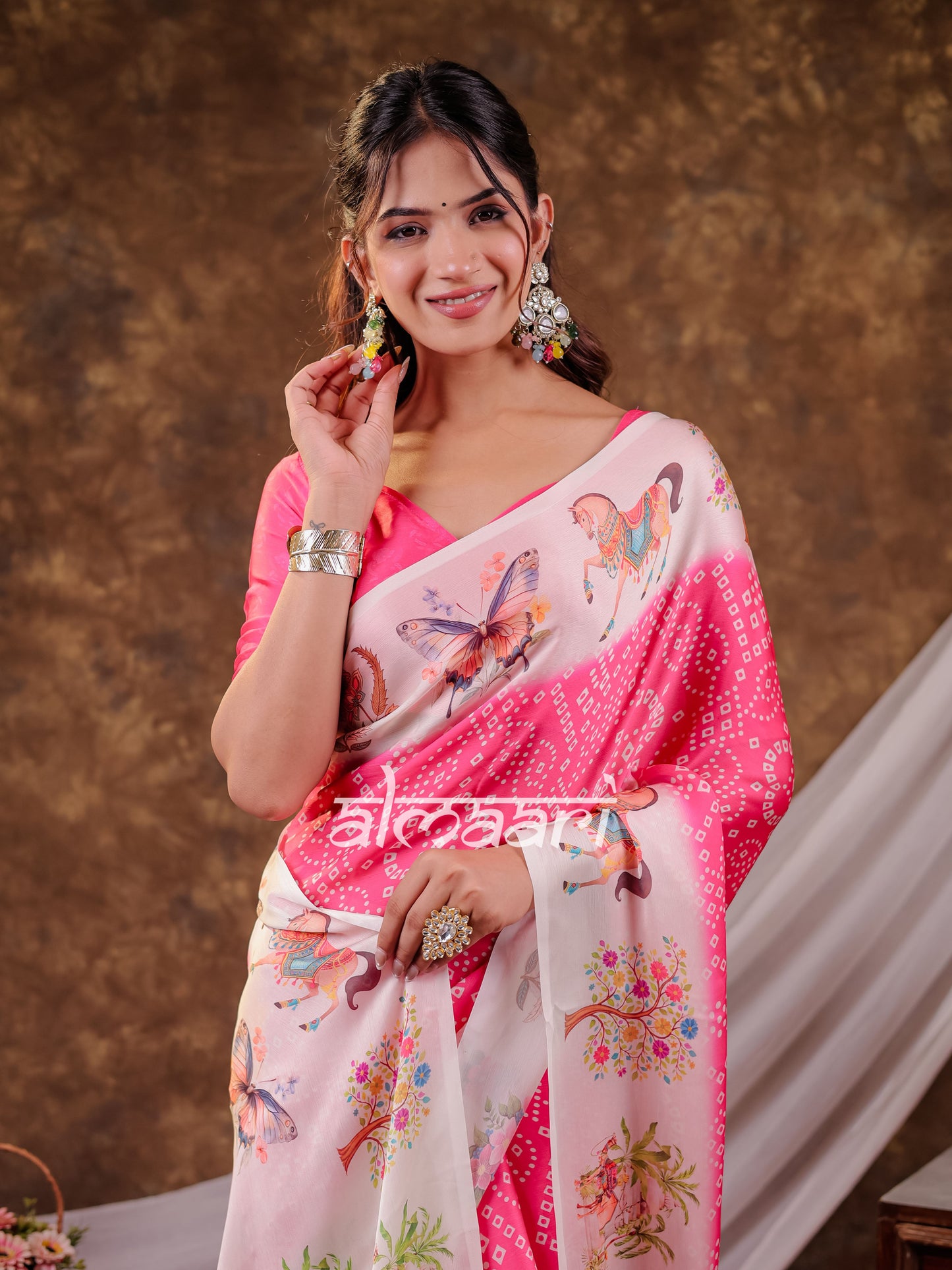 Vantara Hot Pink Satin Chiffon Printed Saree with Heritage Floral Print, Designer Tassel Pallu & Matching Blouse Piece