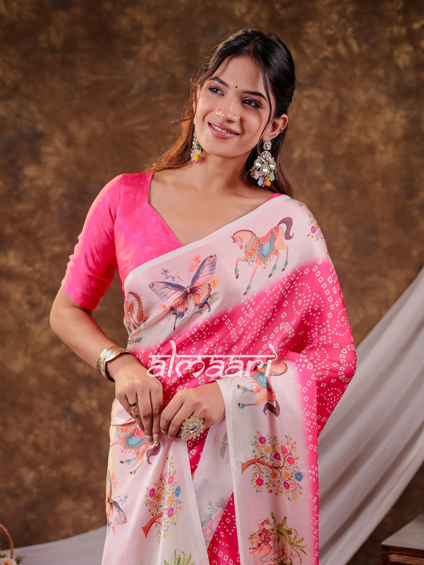 Vantara Hot Pink Satin Chiffon Printed Saree with Heritage Floral Print, Designer Tassel Pallu & Matching Blouse Piece