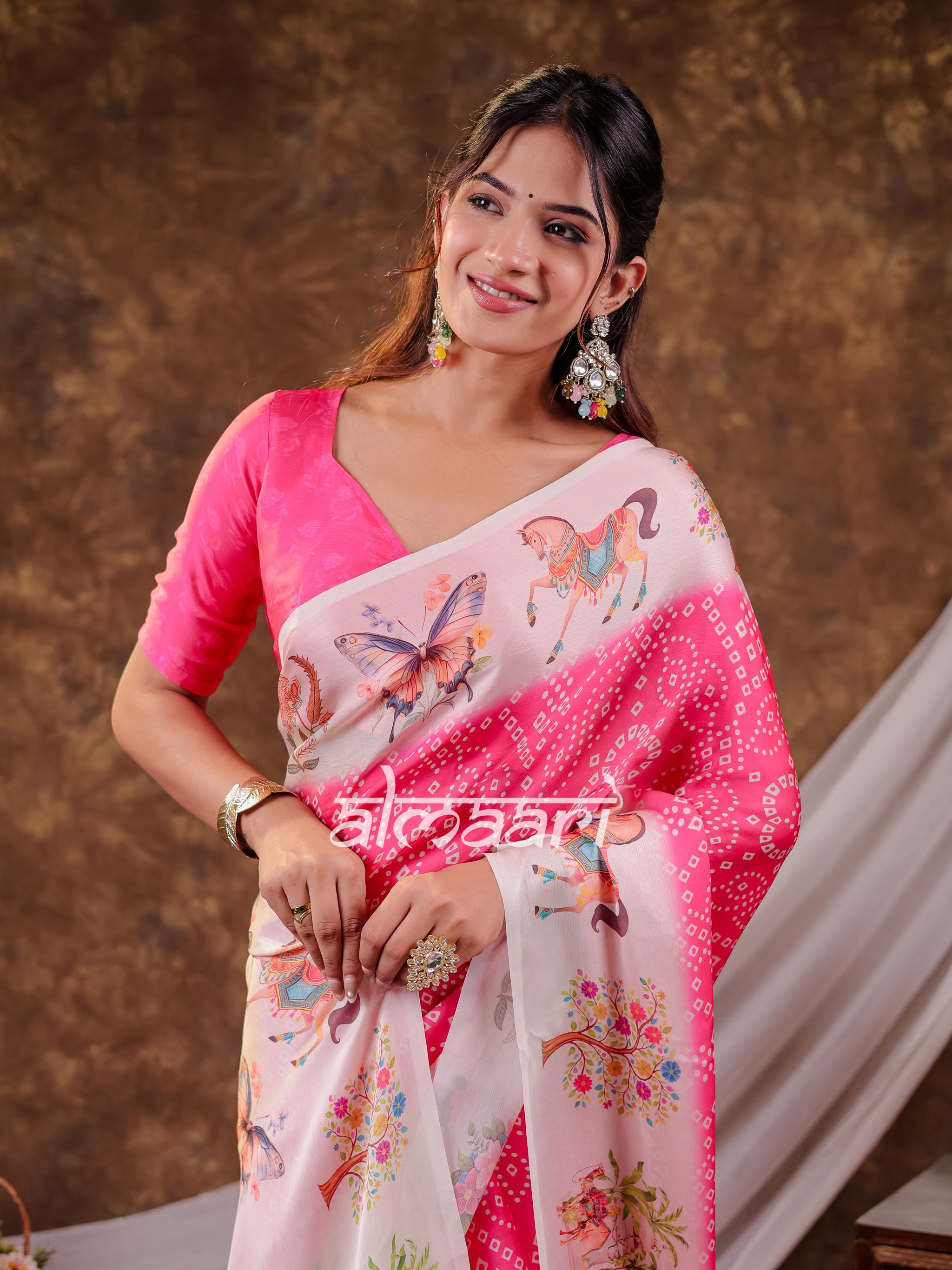 Vantara Hot Pink Satin Chiffon Printed Saree with Heritage Floral Print, Designer Tassel Pallu & Matching Blouse Piece
