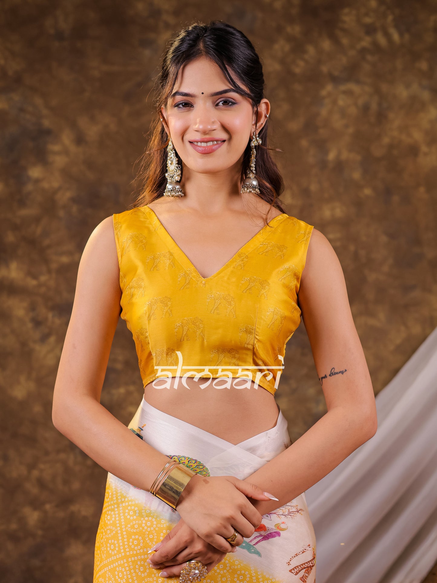 Vantara Mustard Yellow Satin Chiffon Printed Saree with Wildlife & Nature Print, Designer Tassel Pallu & Matching Blouse Piece