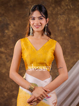 Vantara Mustard Yellow Satin Chiffon Printed Saree with Wildlife & Nature Print, Designer Tassel Pallu & Matching Blouse Piece