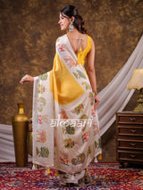 Vantara Mustard Yellow Satin Chiffon Printed Saree with Wildlife & Nature Print, Designer Tassel Pallu & Matching Blouse Piece