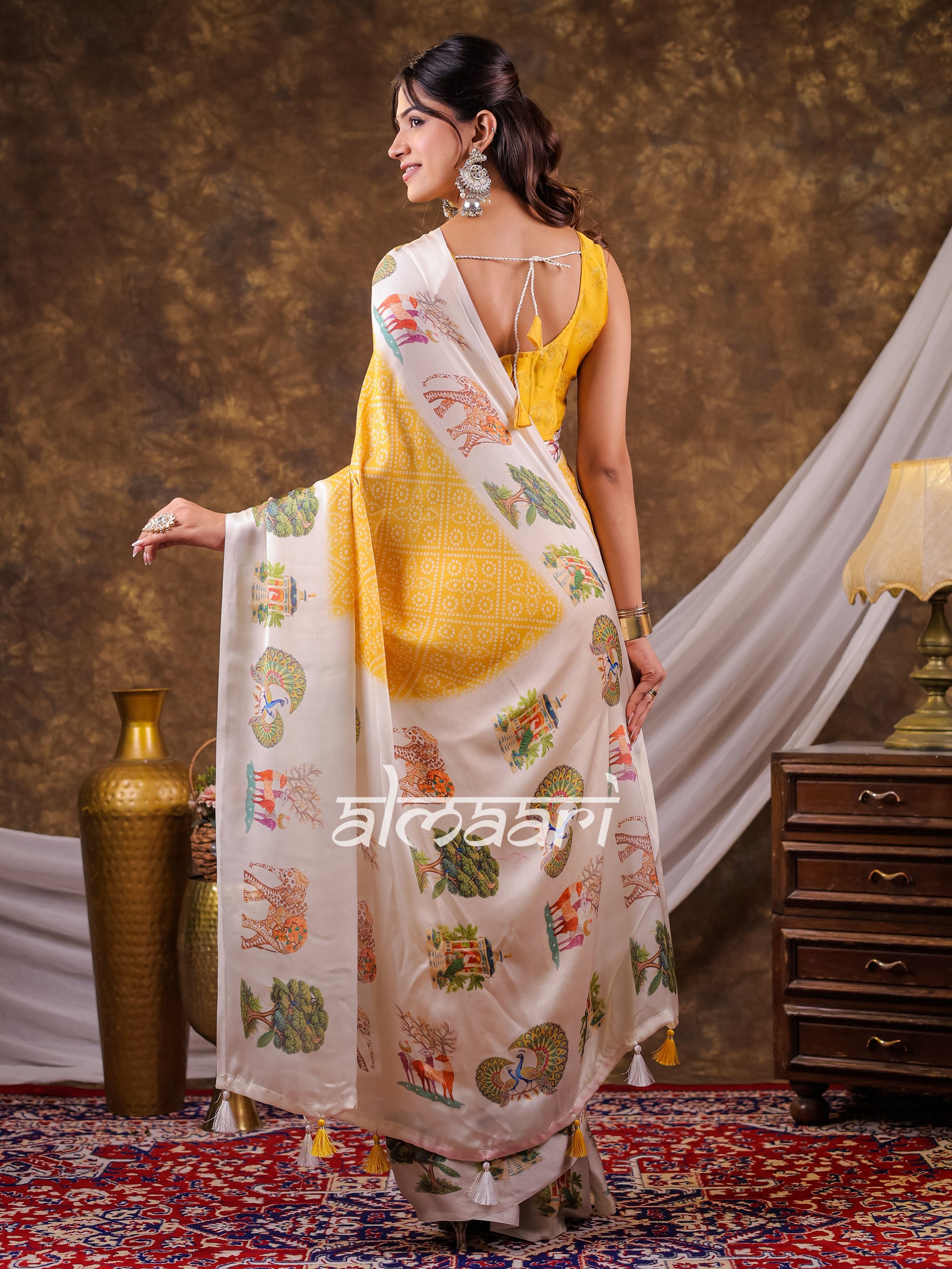 Vantara Mustard Yellow Satin Chiffon Printed Saree with Wildlife & Nature Print, Designer Tassel Pallu & Matching Blouse Piece