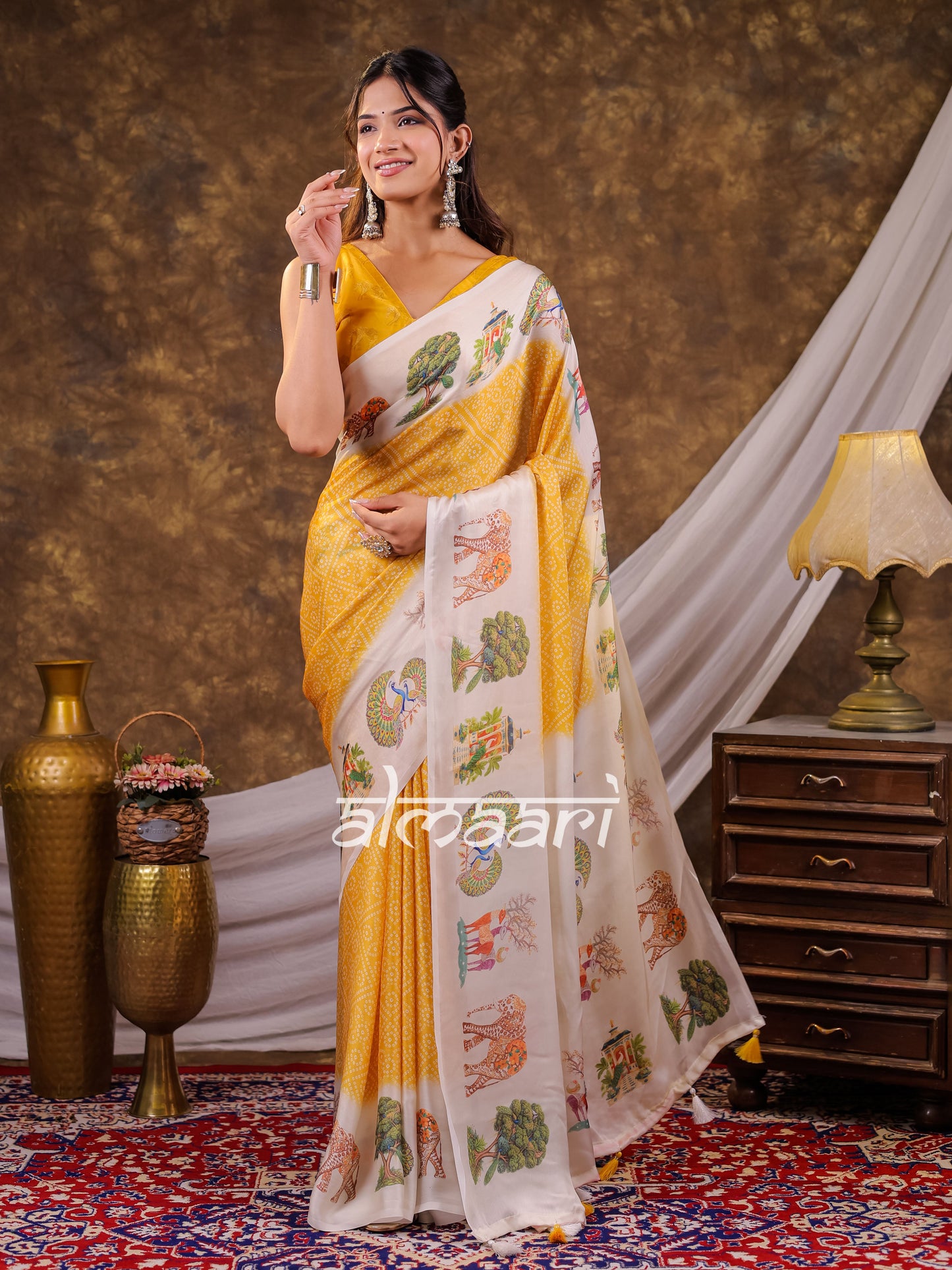 Vantara Mustard Yellow Satin Chiffon Printed Saree with Wildlife & Nature Print, Designer Tassel Pallu & Matching Blouse Piece